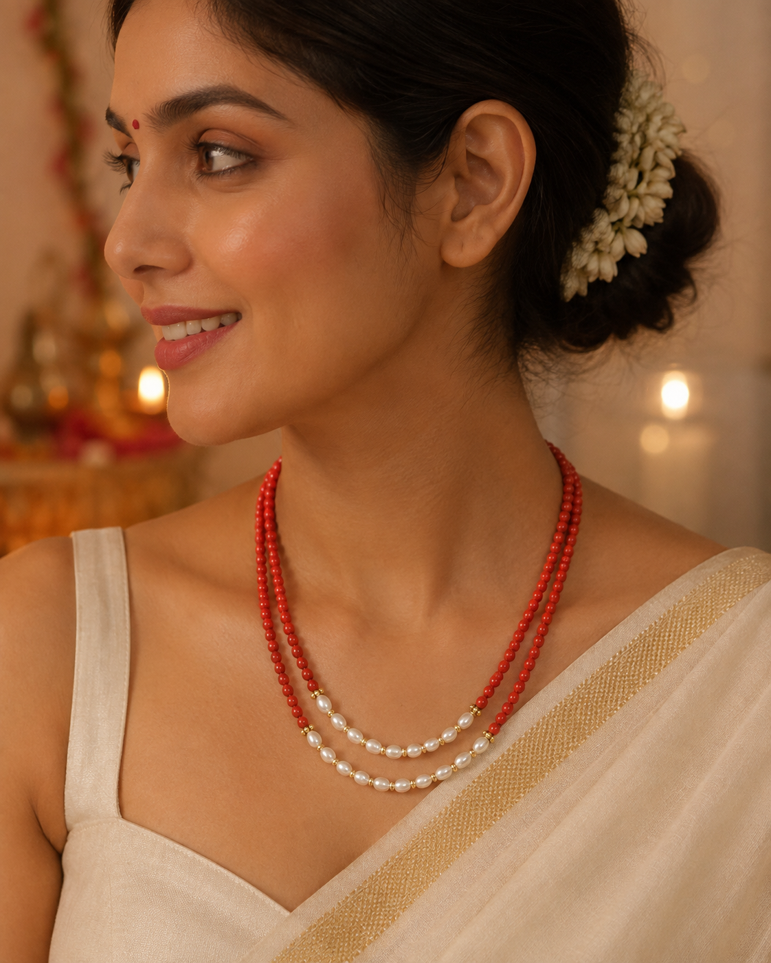 Coral & Pearl Crest Two-Layer Necklace – view 7 | Pathrohi