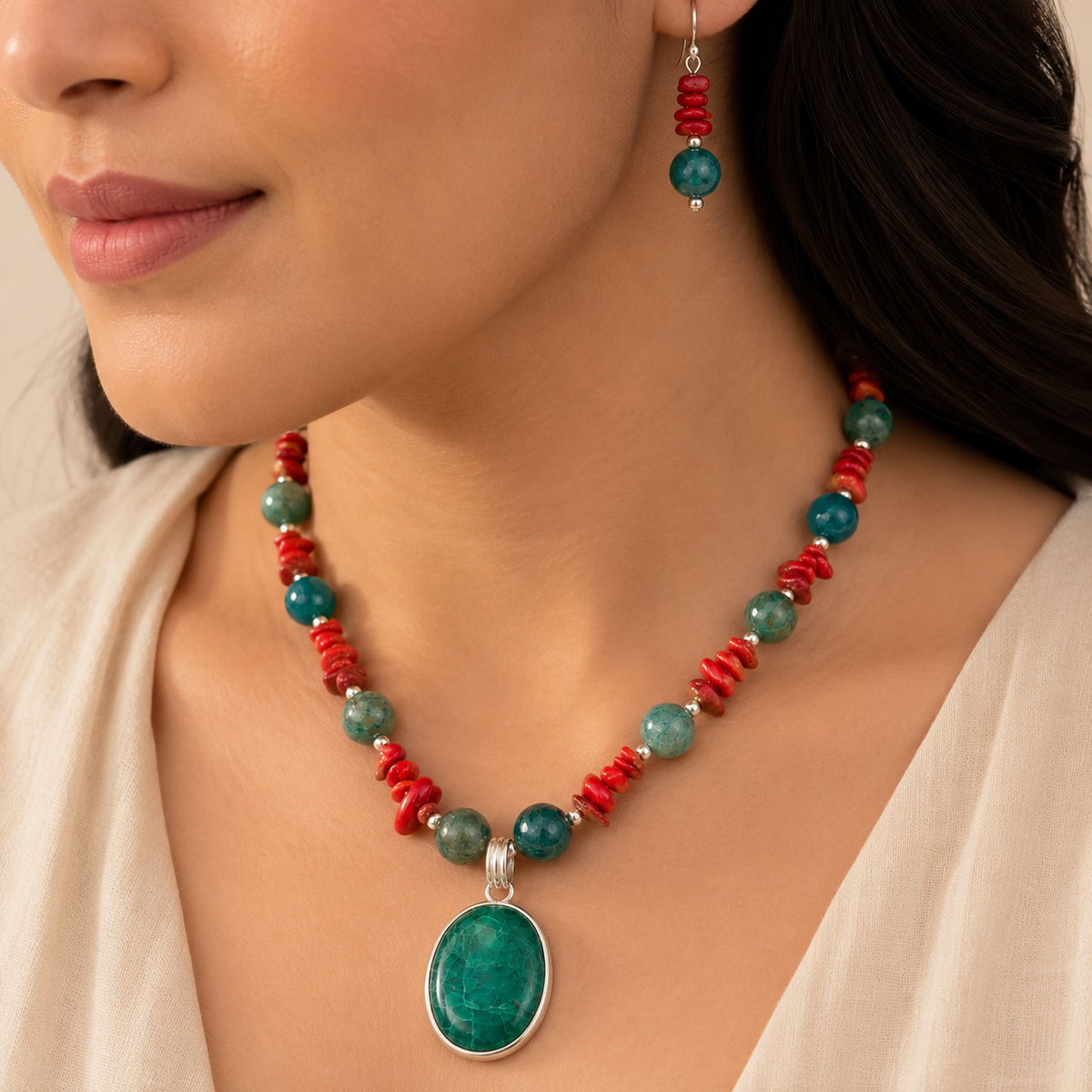 Close-up of Coral Turquoise Agate Pendant Set showing pendant and finishing details