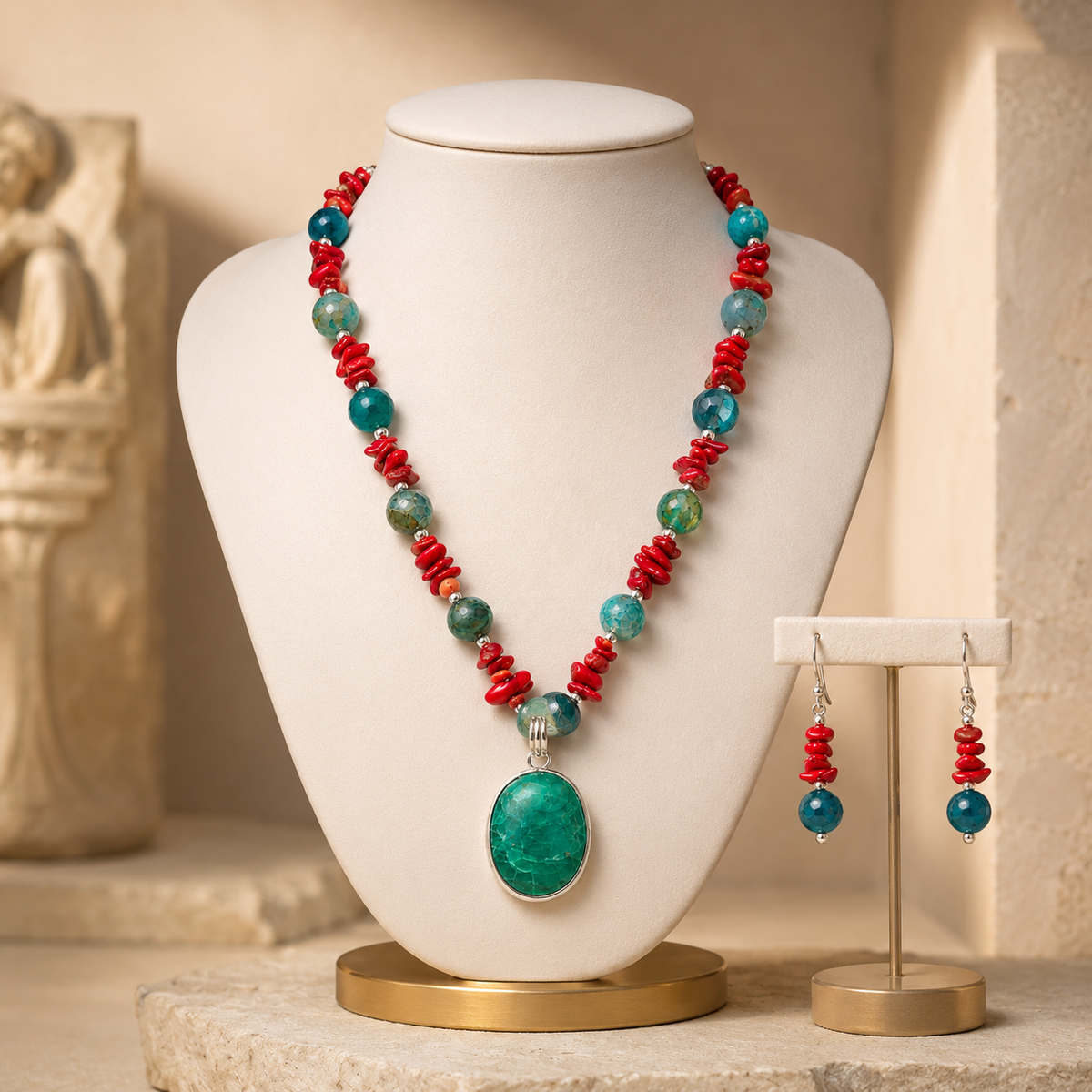 Full view of Coral Turquoise Agate Pendant Set showing necklace proportions