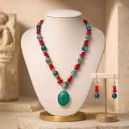 Full view of Coral Turquoise Agate Pendant Set showing necklace proportions