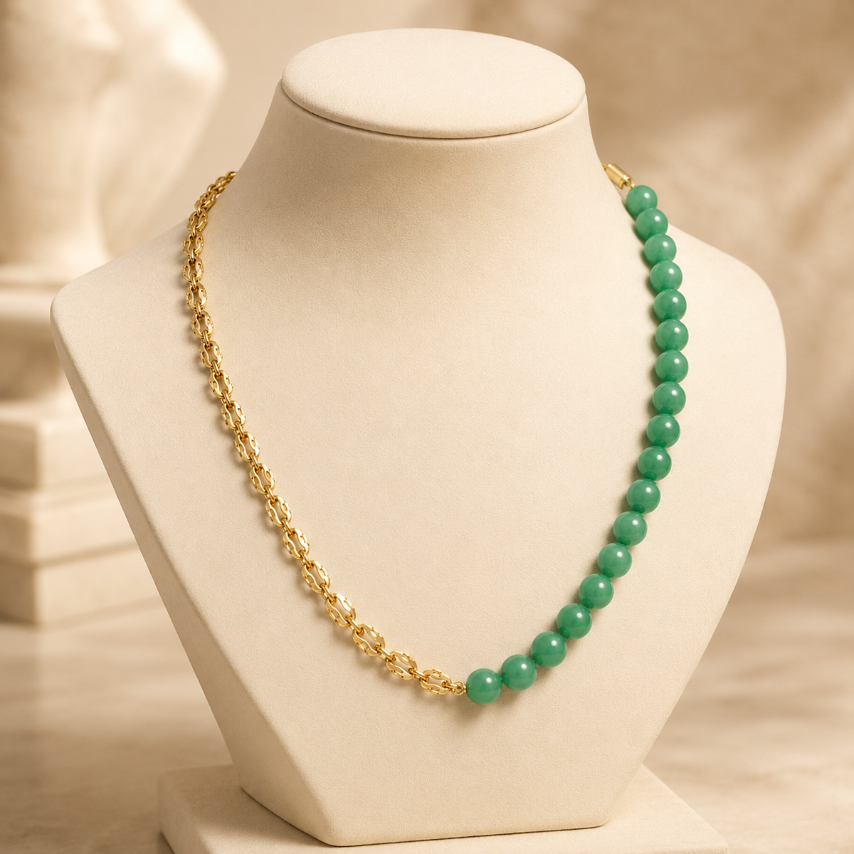 Angled view of Green Agate Half-Chain Bead Necklace handcrafted by Pathrohi