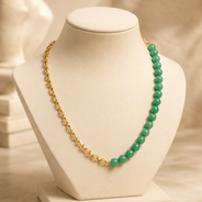 Angled view of Green Agate Half-Chain Bead Necklace handcrafted by Pathrohi