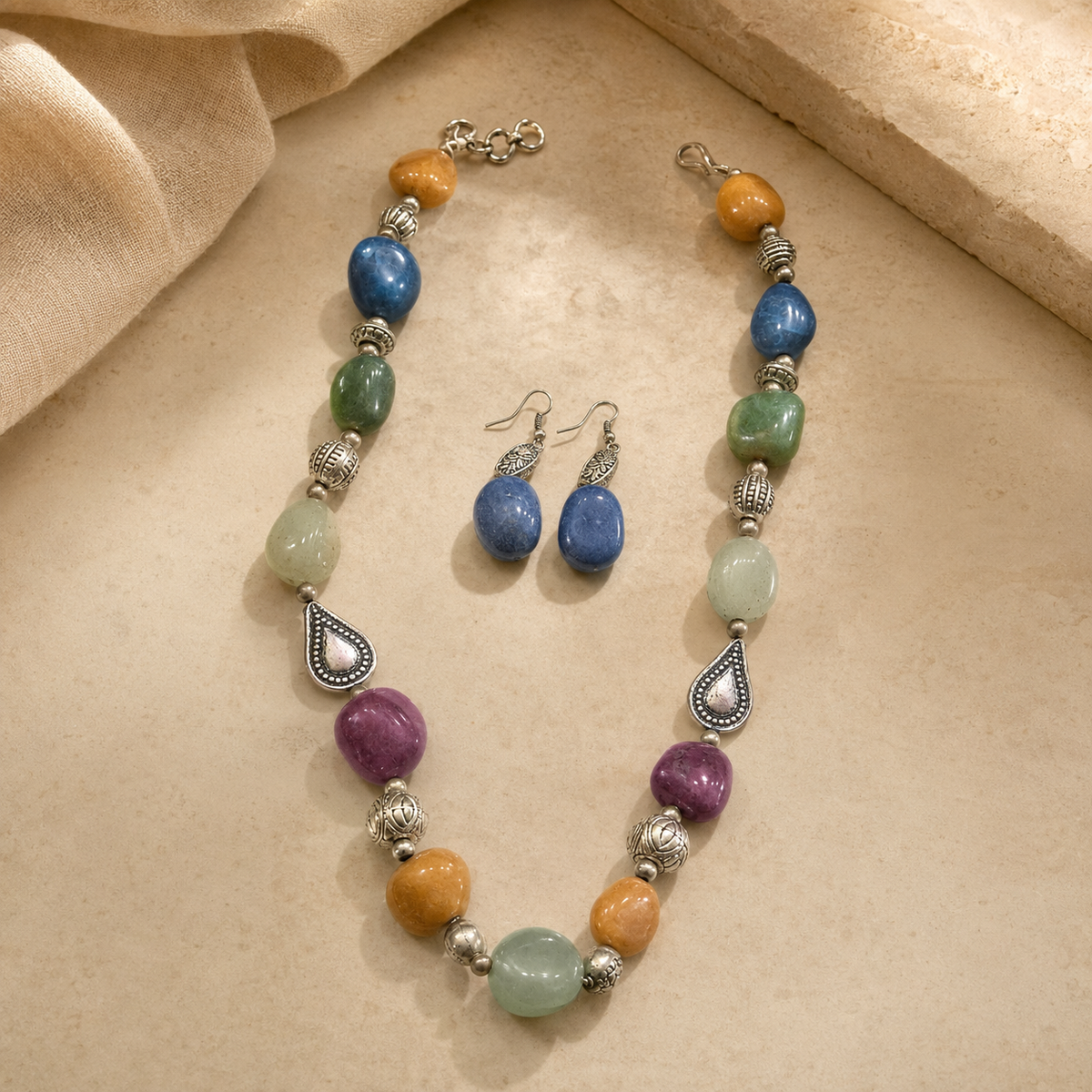 Detailed view of Chunky Multicolour Statement Set showing stone and bead arrangement
