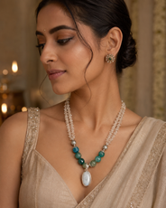 Close-up of Clear Stone & Aqua Agate Drop Necklace showing pendant and finishing details