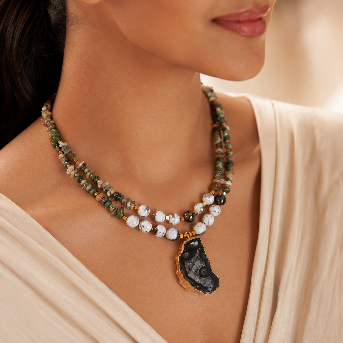 Additional styling view of Moss Agate Druzzy Slice Layered Necklace by Pathrohi