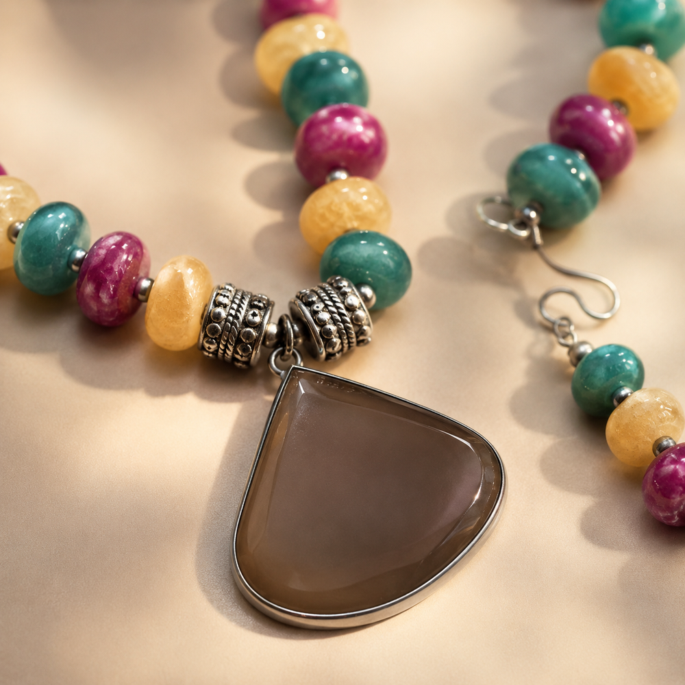 Close-up view of Multicolour Chakra Fan Pendant Set showing handcrafted details