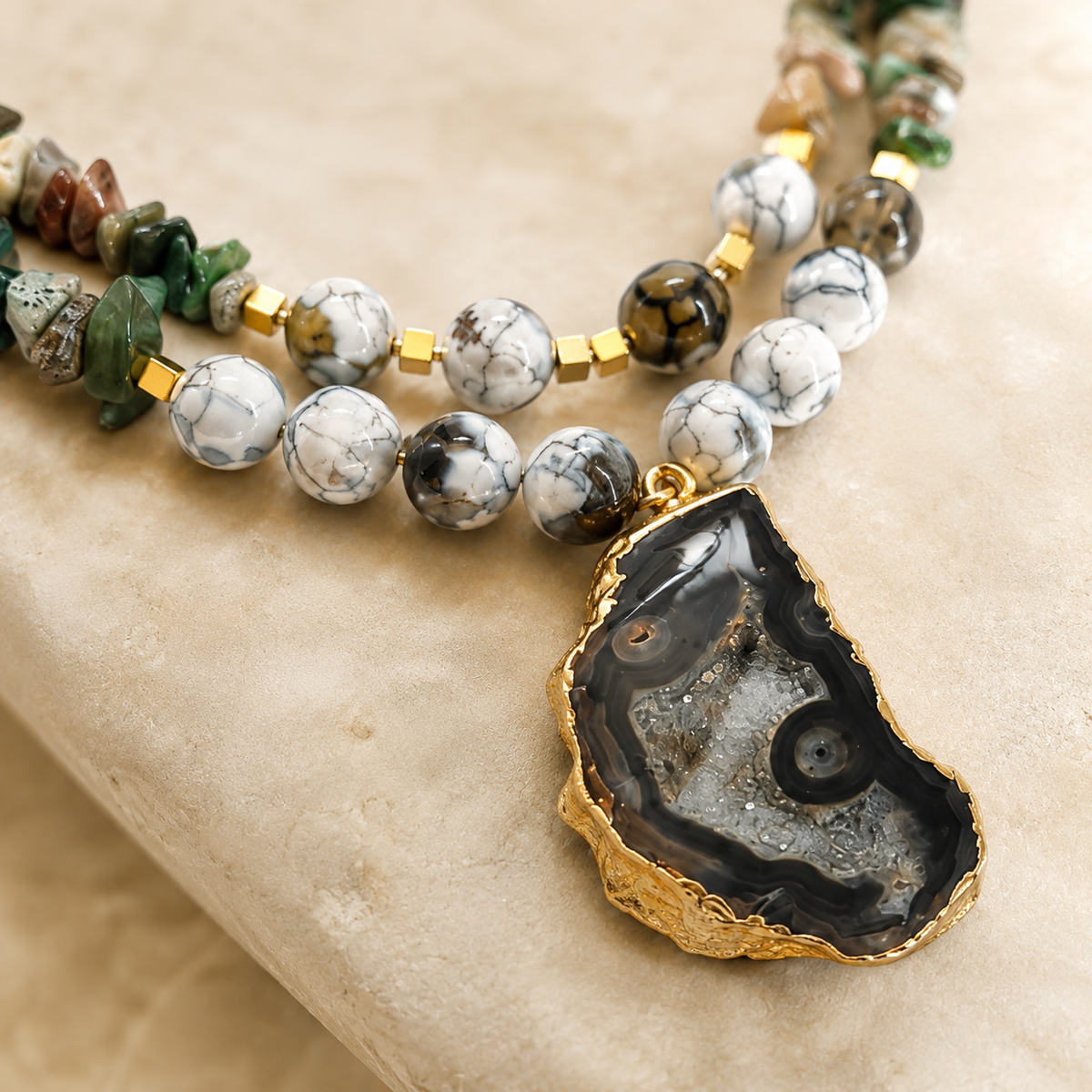 Detailed view of Moss Agate Druzzy Slice Layered Necklace showing stone and bead arrangement