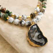 Detailed view of Moss Agate Druzzy Slice Layered Necklace showing stone and bead arrangement