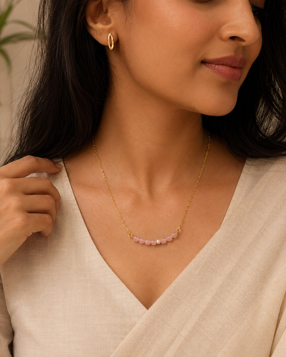 Blush Pearl Rose Quartz Mini Necklace – view 1 | Pathrohi