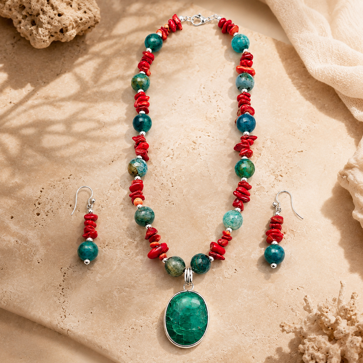 Front view of Coral Turquoise Agate Pendant Set handcrafted by Pathrohi