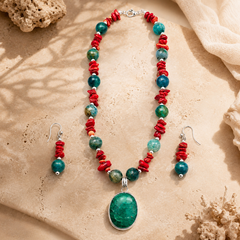 Coral Turquoise Agate Pendant Set