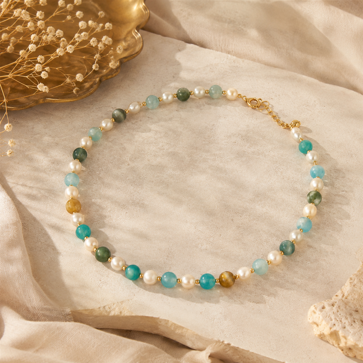 Angled view of Aqua Agate & Semi-Cultured Pearl Beaded Necklace handcrafted by Pathrohi