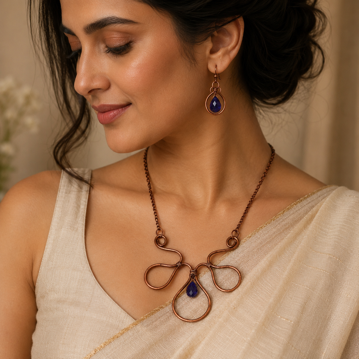 Close-up of Copper Bloom Wire Statement Set showing pendant and finishing details