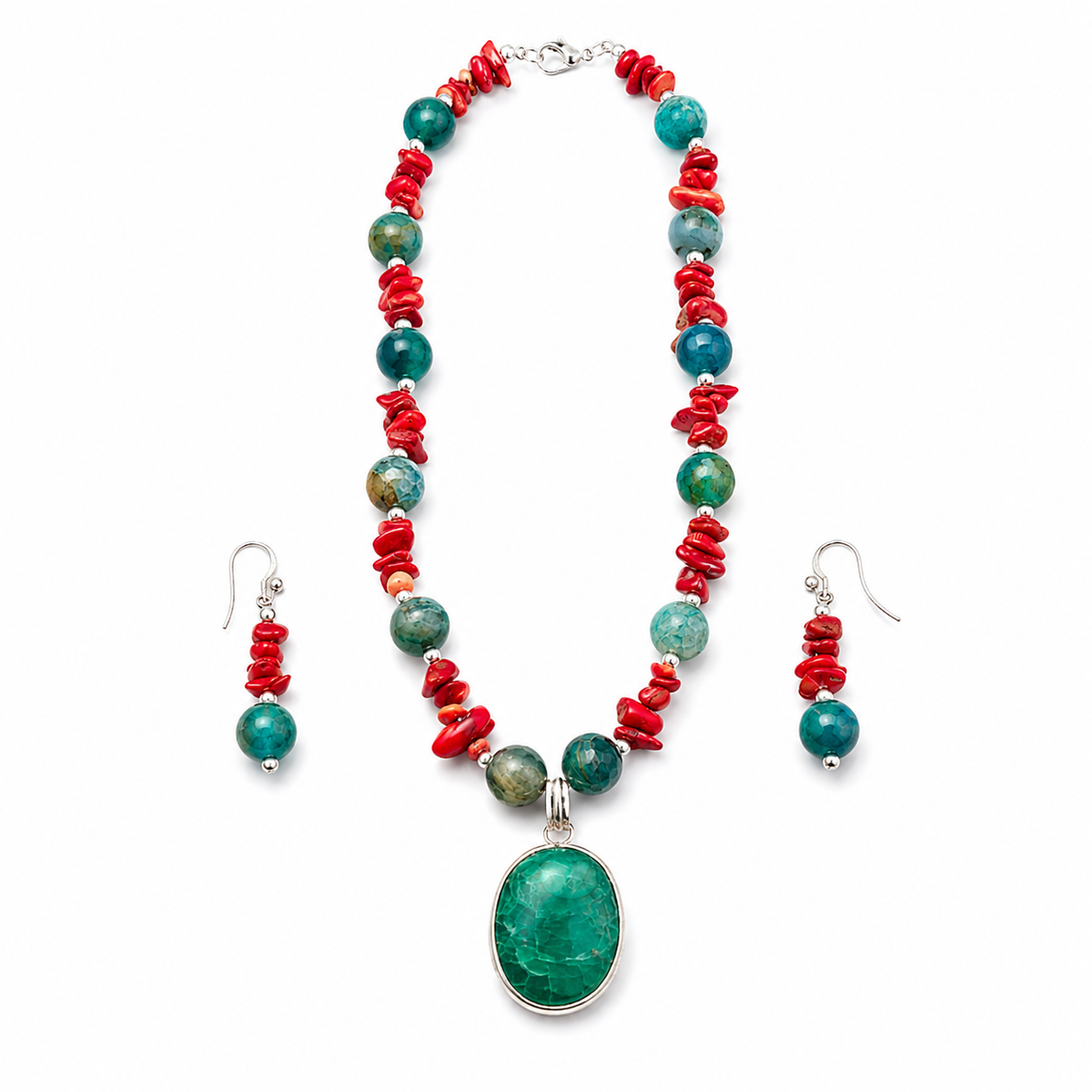 Close-up view of Coral Turquoise Agate Pendant Set showing handcrafted details