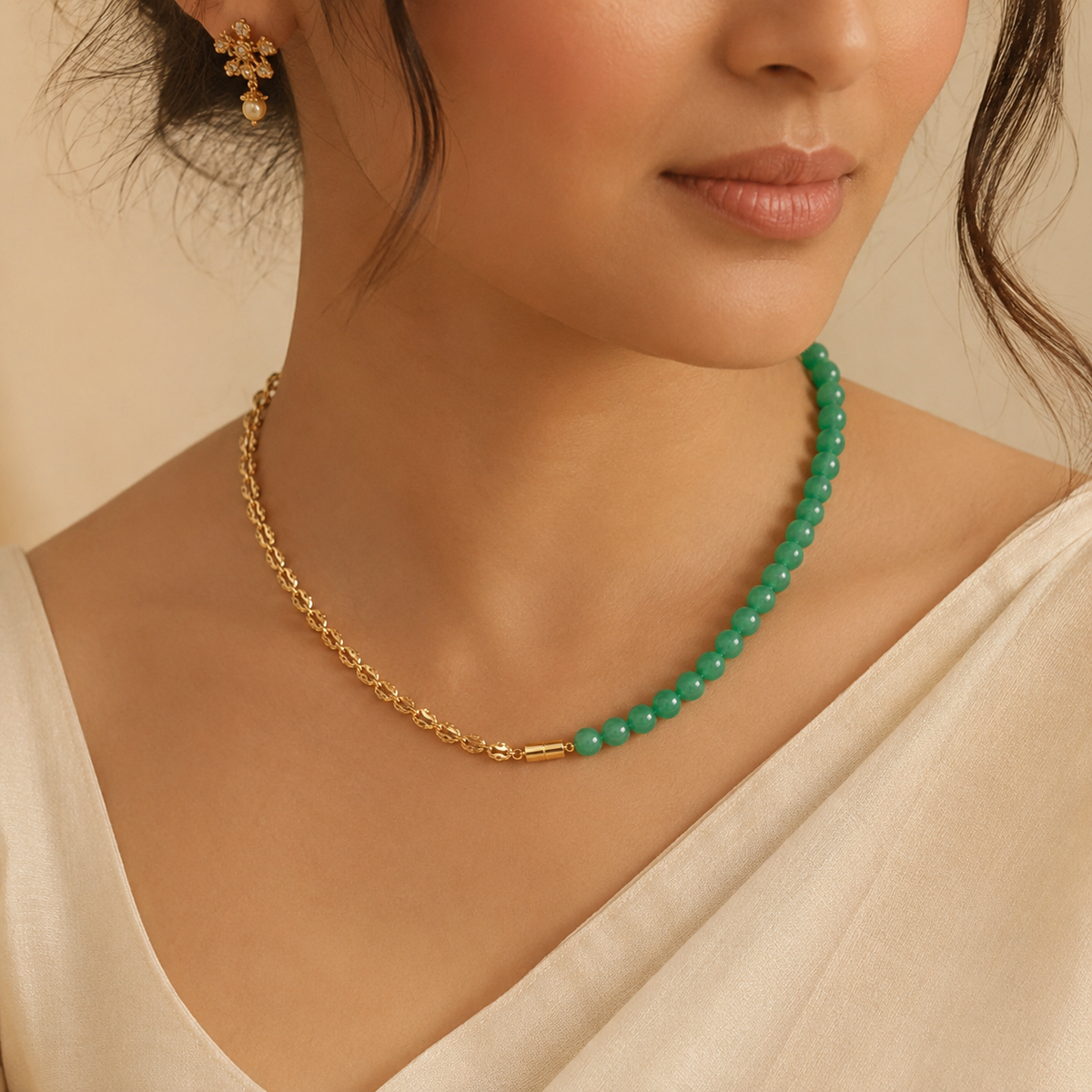 Full view of Green Agate Half-Chain Bead Necklace showing necklace proportions