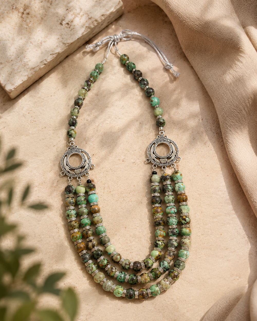 African Turquoise Three-Layer Silver Accent Necklace – view 1 | Pathrohi