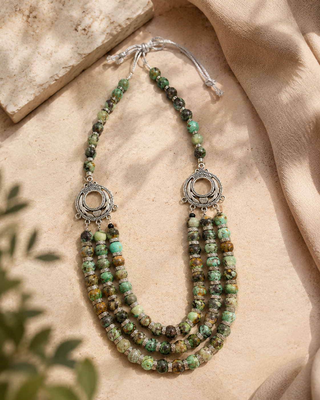 African Turquoise Three-Layer Silver Accent Necklace – view 1 | Pathrohi