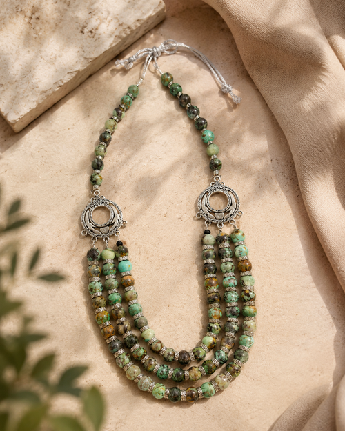 African Turquoise Three-Layer Silver Accent Necklace – view 1 | Pathrohi