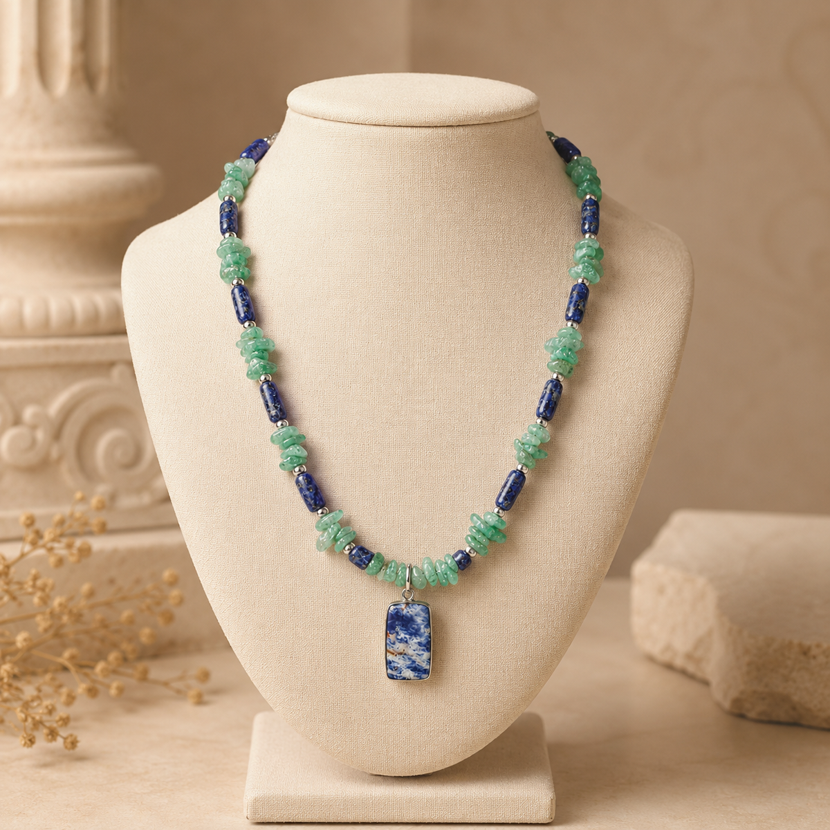 Full view of Sodalite Aventurine Pendant Necklace showing necklace proportions