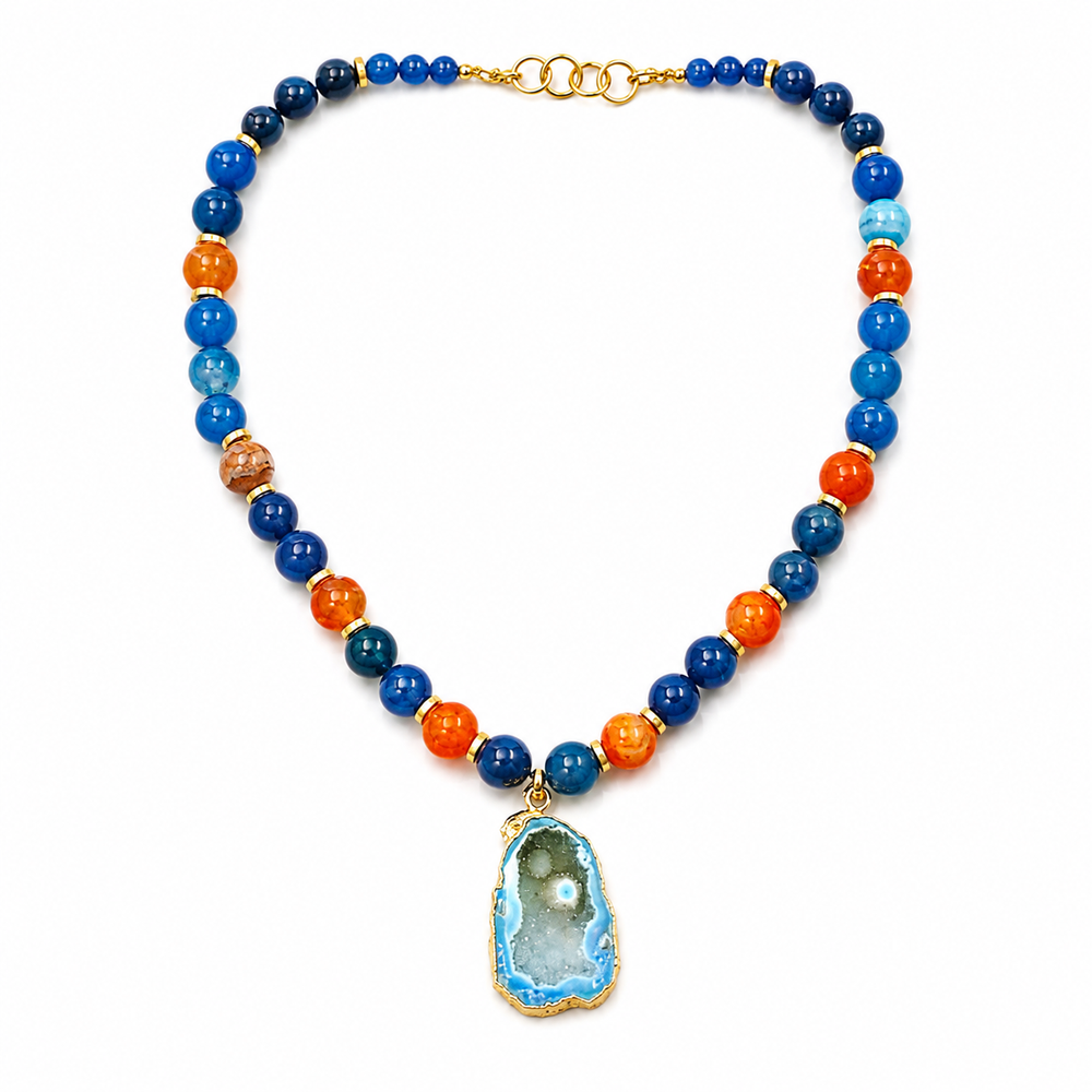 Close-up view of Cobalt Blue Agate Slice Pendant Necklace showing handcrafted details