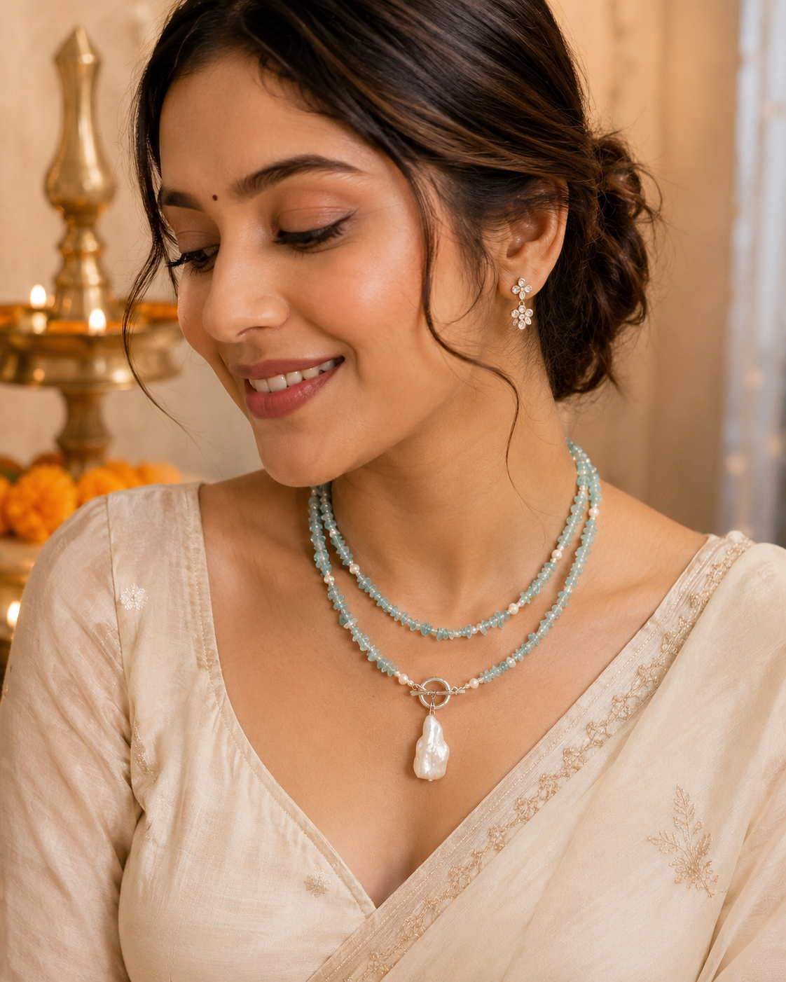 Alternate view of Aqua Agate & Semi-Cultured Pearl Double-Strand Drop Necklace showing handcrafted design