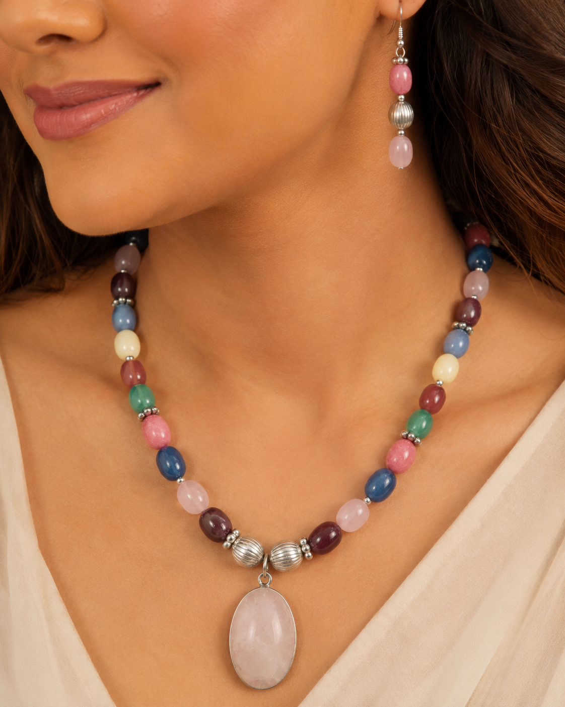 Full view of Pastel Rose Quartz Multicolour Set showing necklace proportions