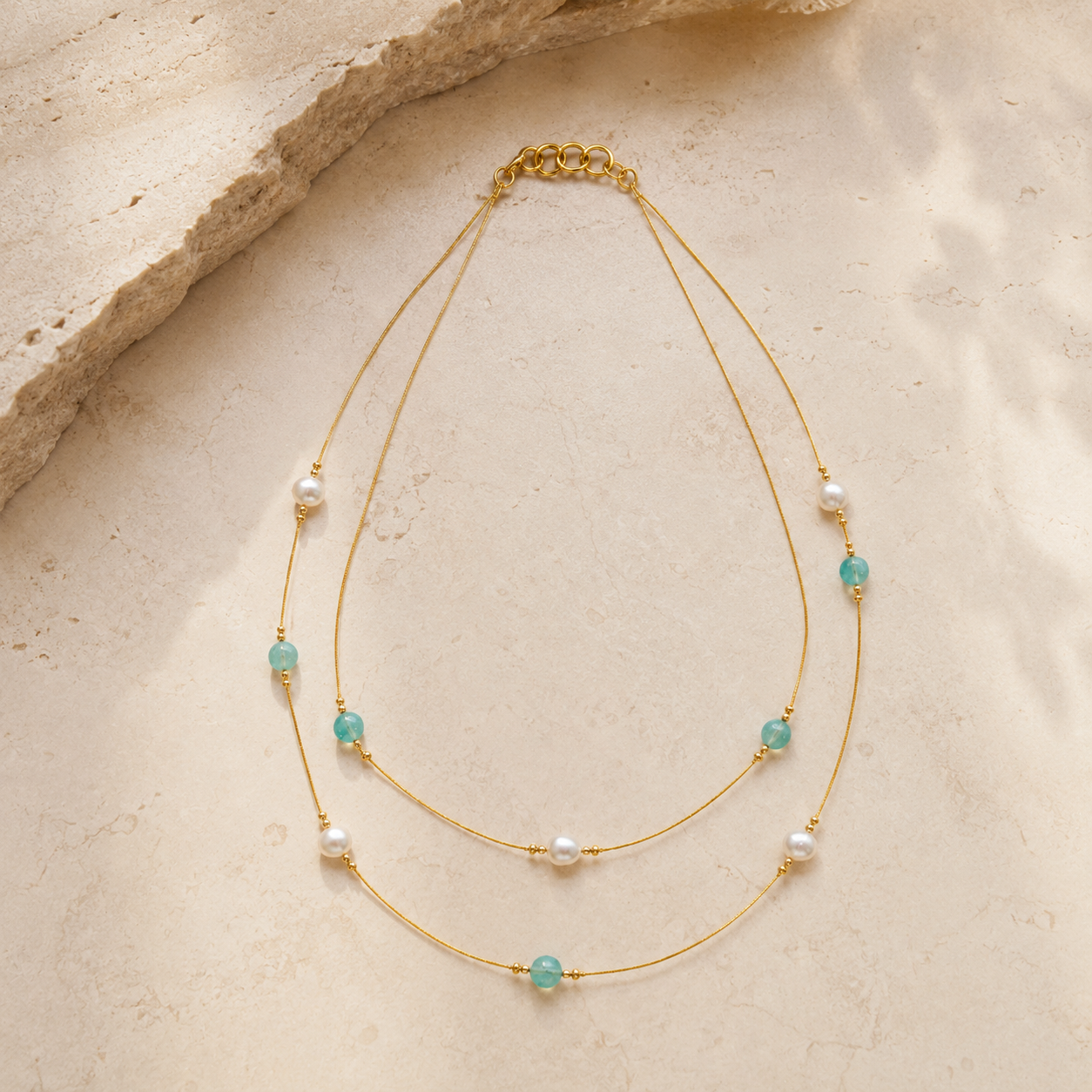 Front view of Aqua Pearl Double-Strand Wire Necklace handcrafted by Pathrohi