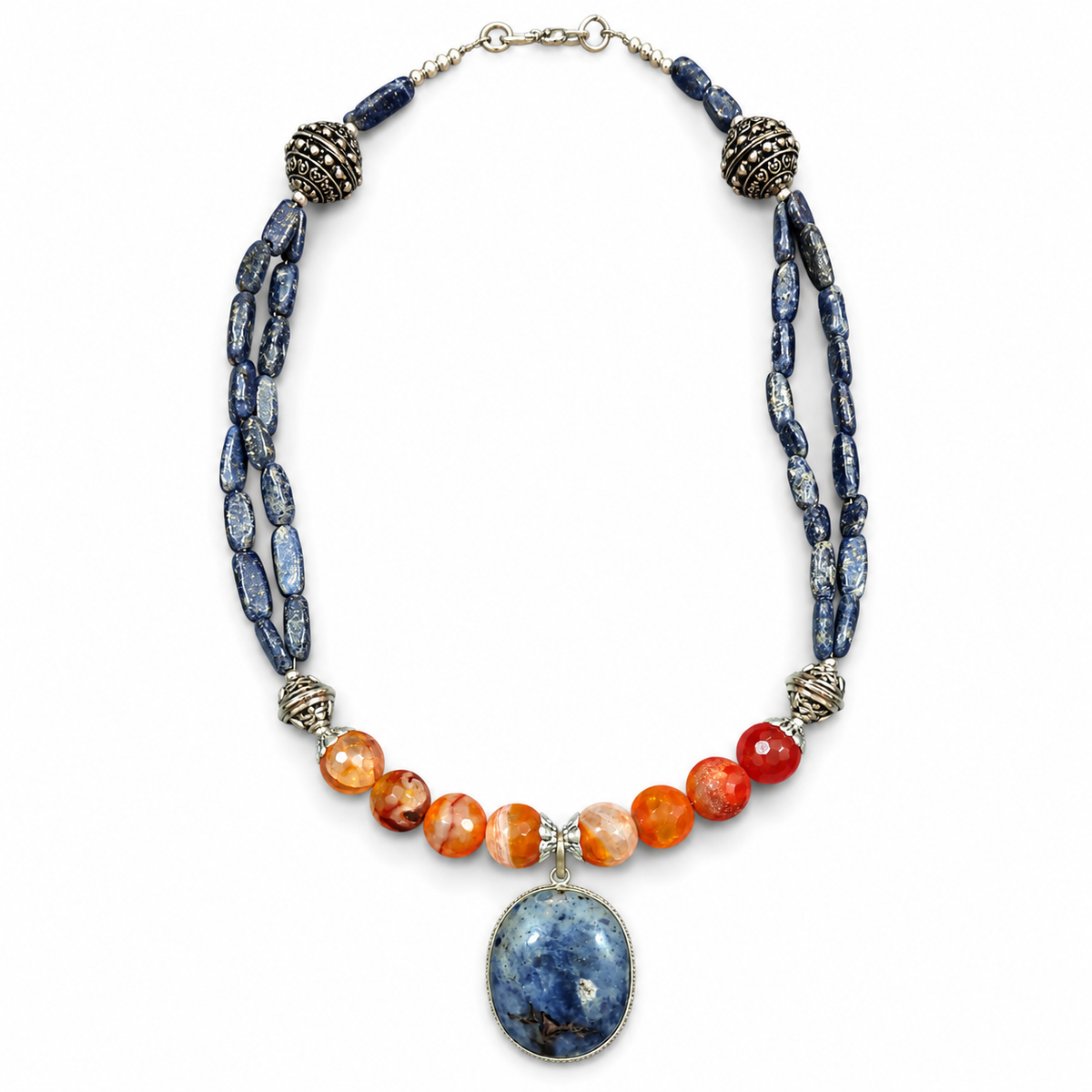 Close-up view of Blue & Orange Agate Oval Pendant Necklace showing handcrafted details