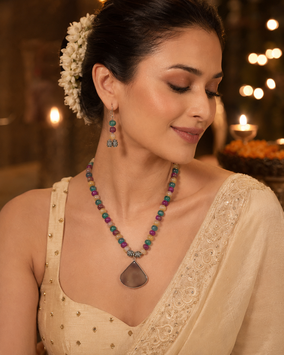 Close-up of Multicolour Chakra Fan Pendant Set showing pendant and finishing details