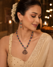 Close-up of Multicolour Chakra Fan Pendant Set showing pendant and finishing details