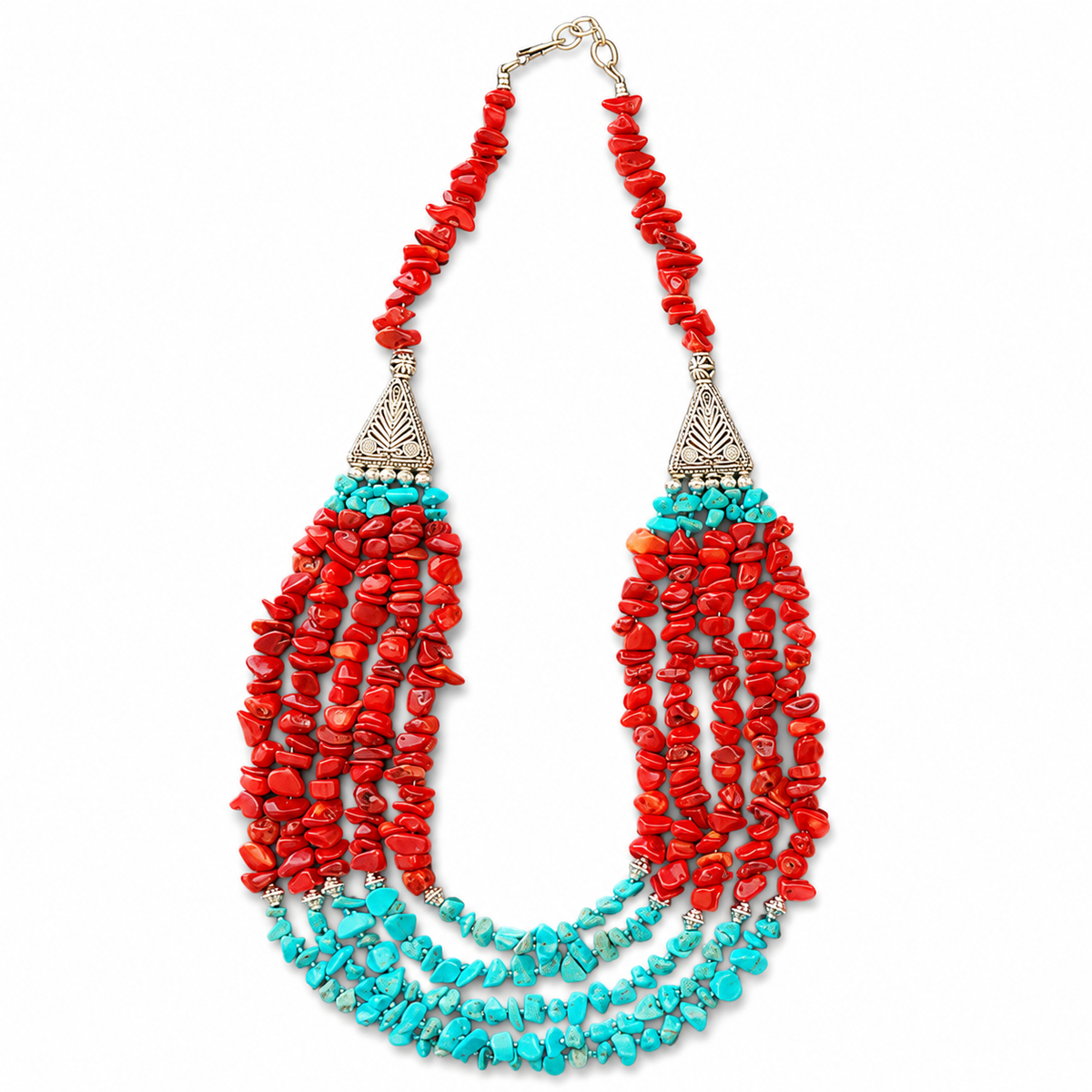 Full view of Crimson Aqua Agate Multi-Strand Necklace showing necklace proportions