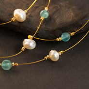 Detailed view of Aqua Pearl Double-Strand Wire Necklace showing stone and bead arrangement