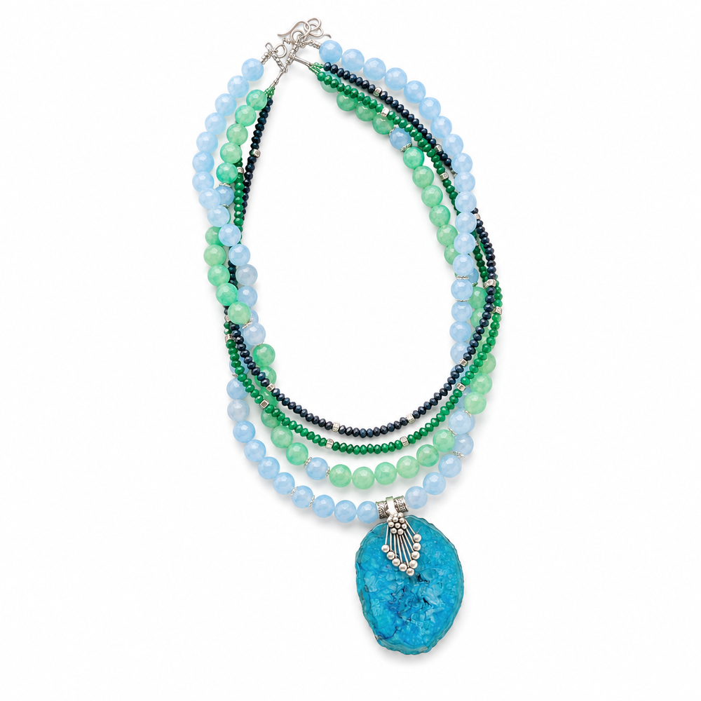 Close-up view of Blue Agate Five-Layer Pendant Necklace showing handcrafted details