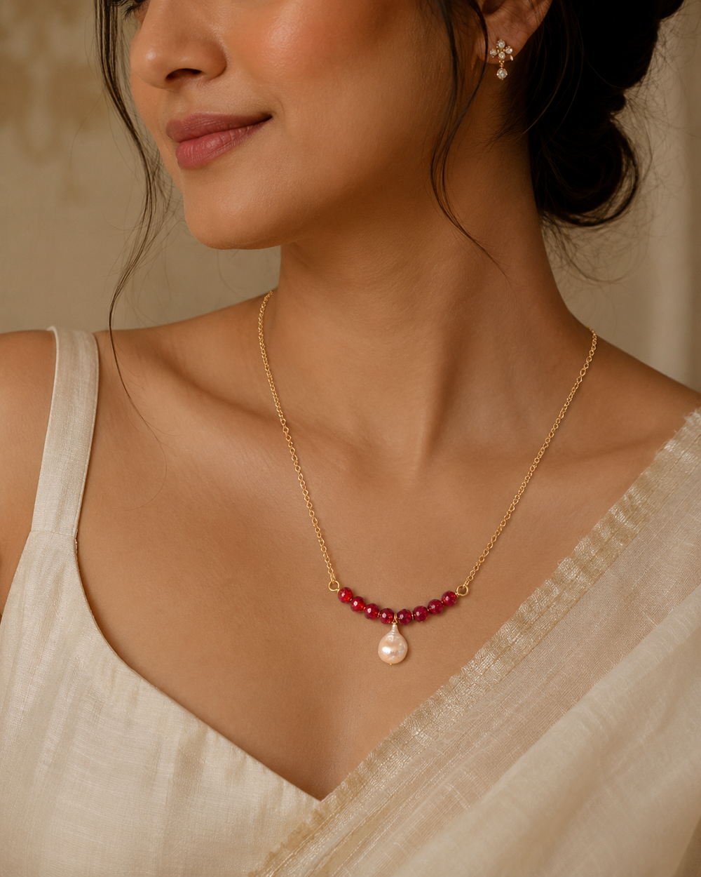 Garnet Tide Freshwater Coin Pearl Necklace – view 1 | Pathrohi