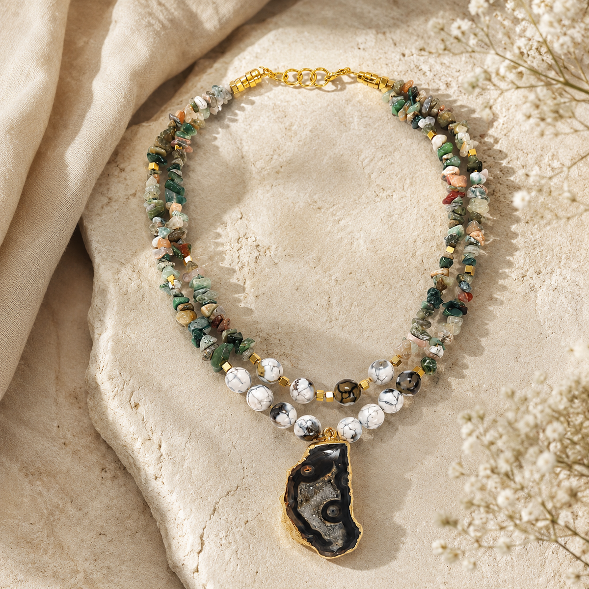Additional detail view of Moss Agate Druzzy Slice Layered Necklace handcrafted by Pathrohi