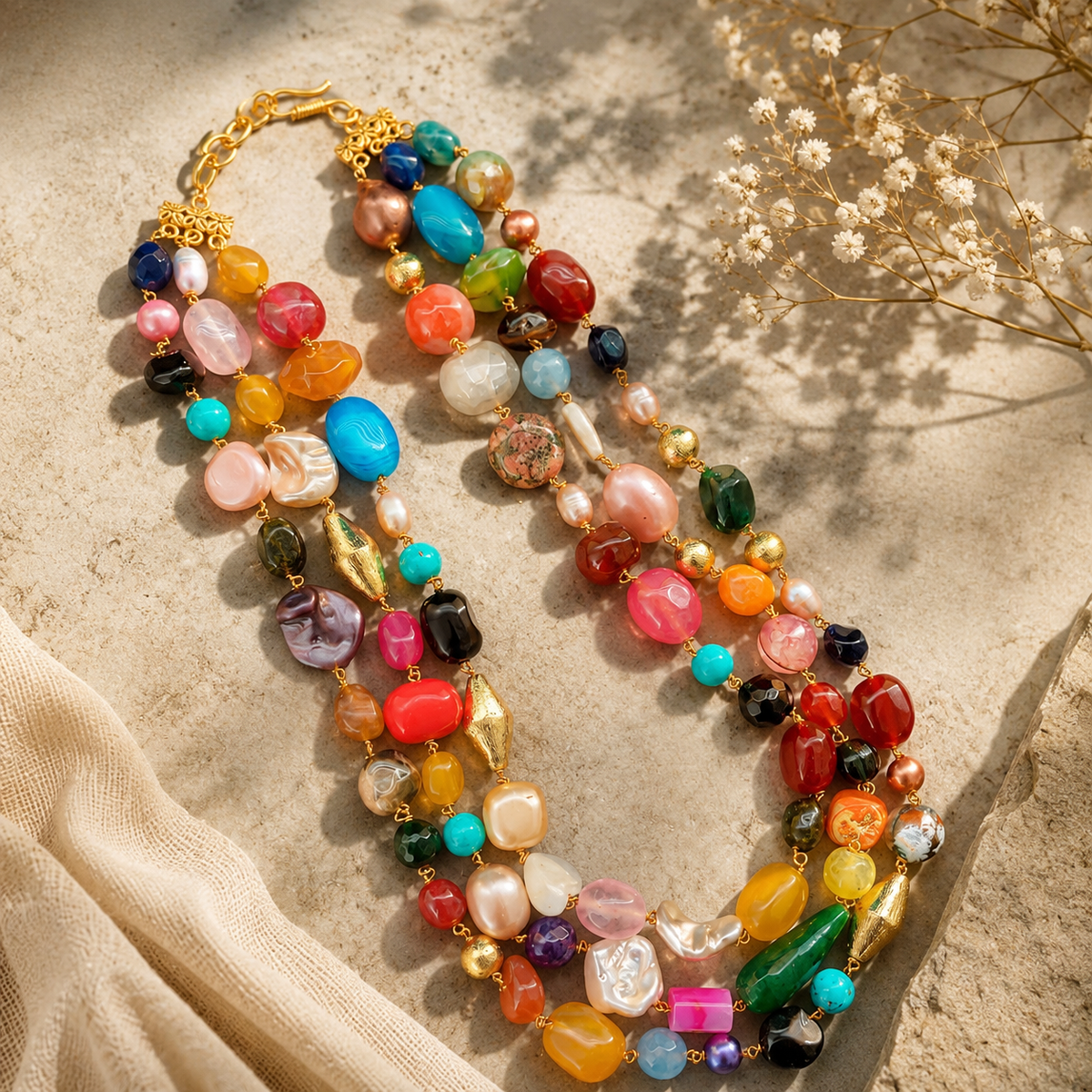 Full view of Multicolour Agate Three-Layer Necklace showing necklace proportions