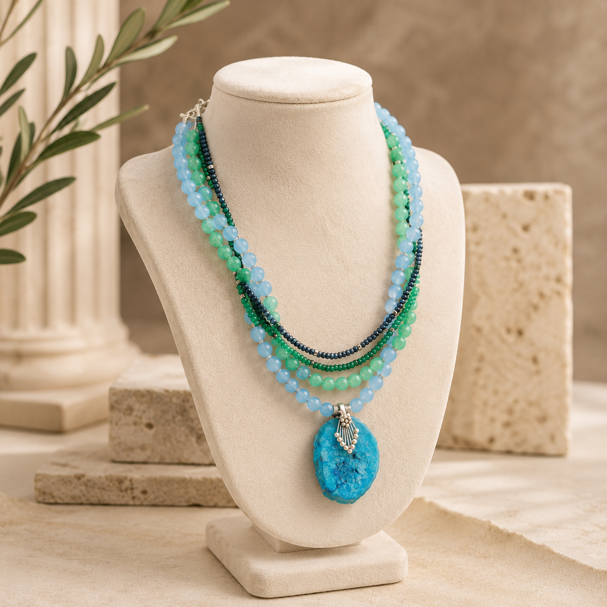 Full view of Blue Agate Five-Layer Pendant Necklace showing necklace proportions