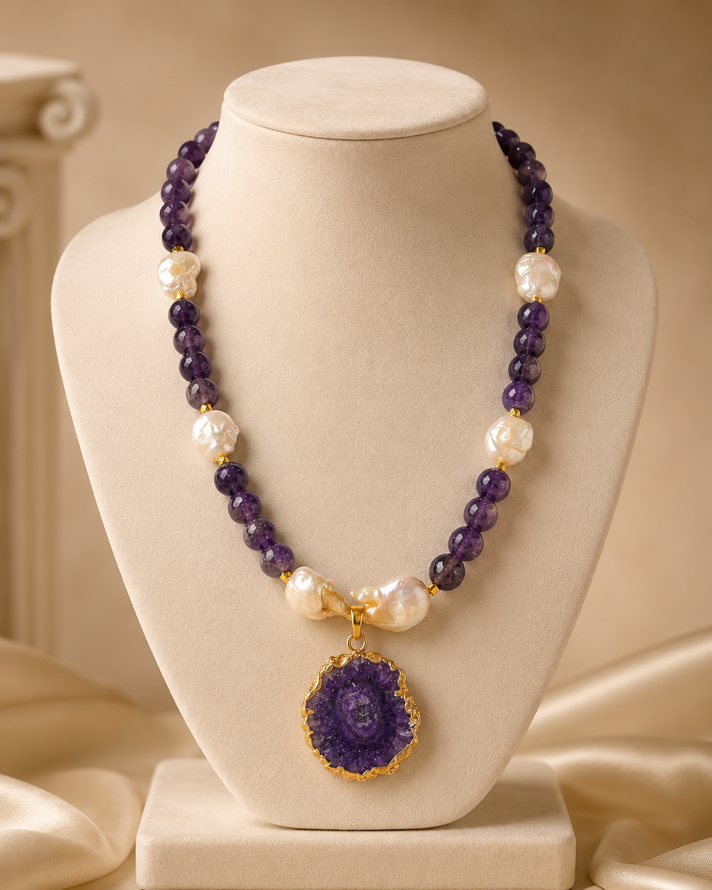 Violet Pearl Amethyst Geode Pendant Necklace – view 10 | Pathrohi