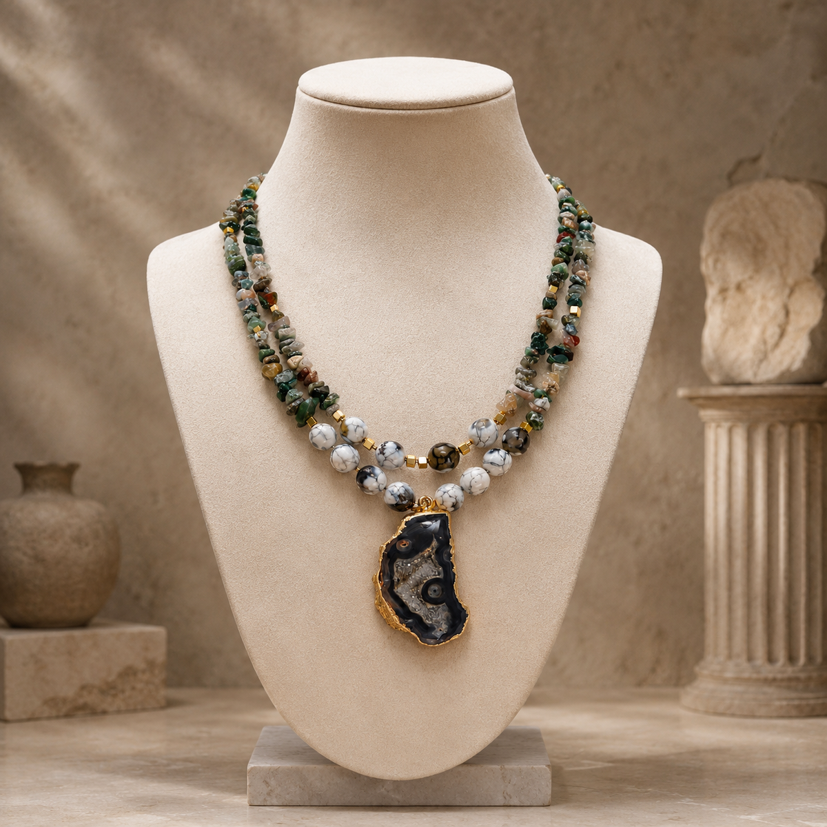 Full view of Moss Agate Druzzy Slice Layered Necklace showing necklace proportions