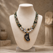 Full view of Moss Agate Druzzy Slice Layered Necklace showing necklace proportions
