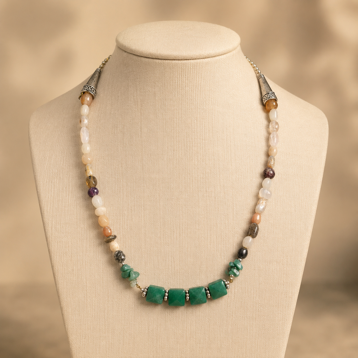 Full view of Aventurine Mosaic Oxidised Necklace showing necklace proportions