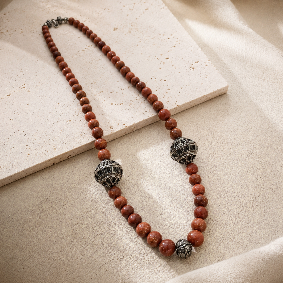 Detailed view of Brown Oxidised Goldstone Necklace showing stone and bead arrangement