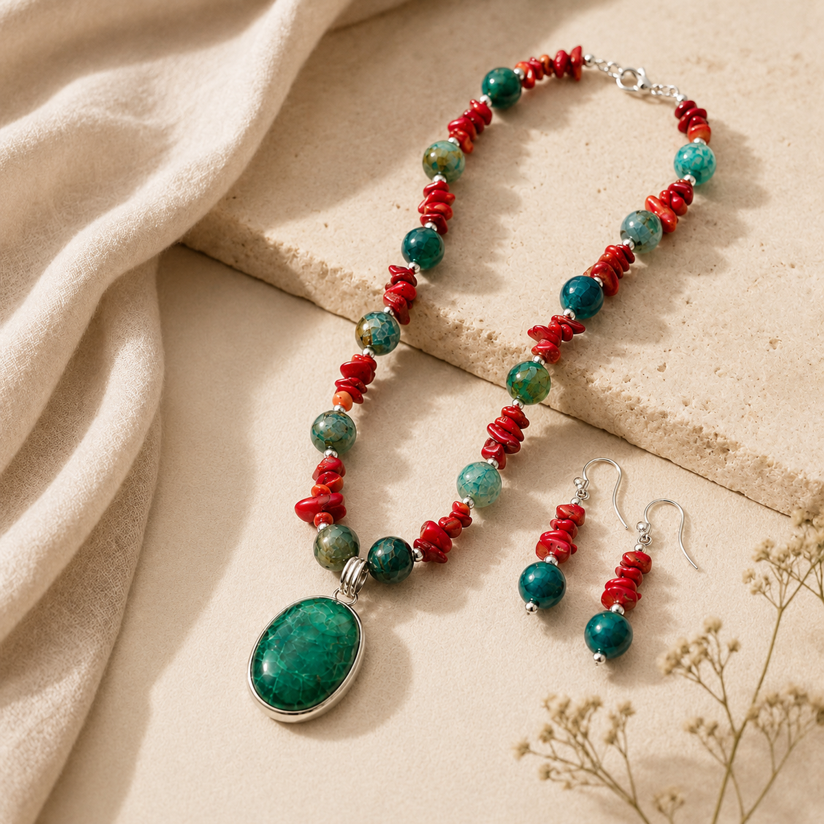 Angled view of Coral Turquoise Agate Pendant Set handcrafted by Pathrohi