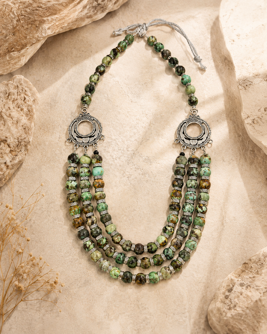 African Turquoise Three-Layer Silver Accent Necklace – view 7 | Pathrohi