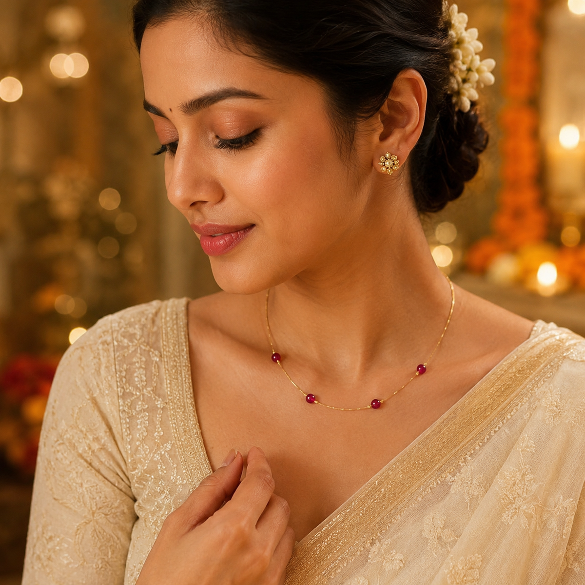 Additional styling view of Ruby Dew Fine Wire Necklace by Pathrohi