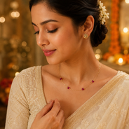 Additional styling view of Ruby Dew Fine Wire Necklace by Pathrohi