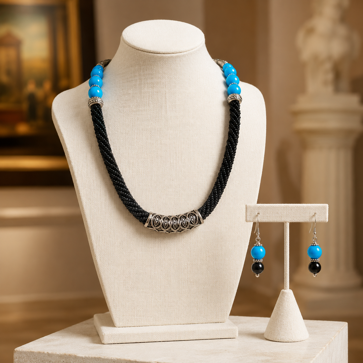 Angled view of Azure Noir Oxidised Tube Necklace Set handcrafted by Pathrohi