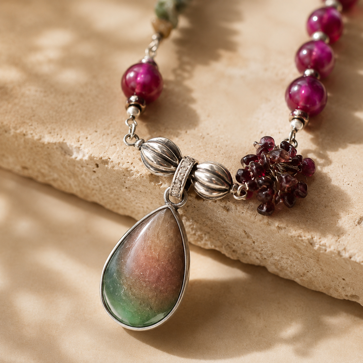 Detailed view of Fuchsia Garden Agate Pendant Necklace showing stone and bead arrangement