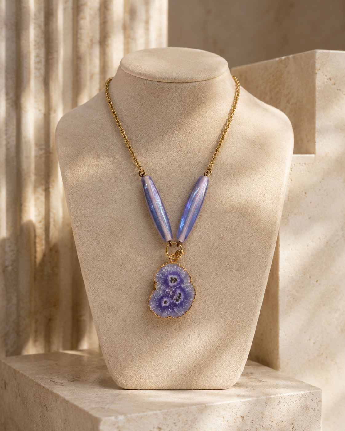 Angled view of Lilac Agate Slice Locket Necklace handcrafted by Pathrohi