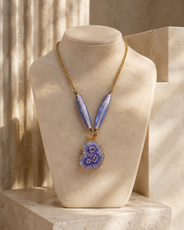 Angled view of Lilac Agate Slice Locket Necklace handcrafted by Pathrohi